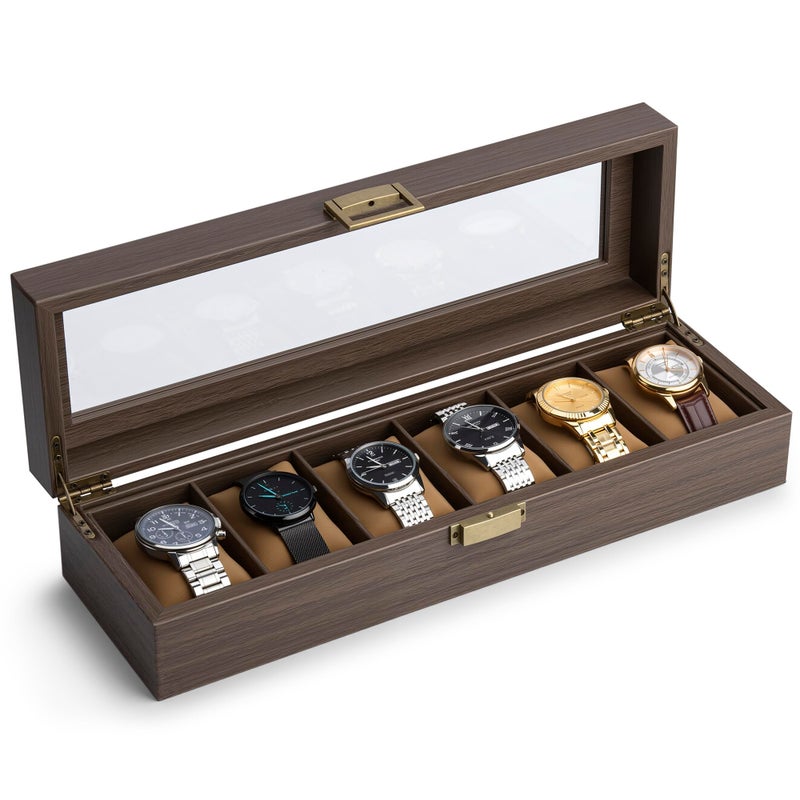 Lonian Watch Box, Watch Case for Men 6 Slots Wood Storage Watch Case Organizer with Glass Display Top Exquisite and Durable - Image 1